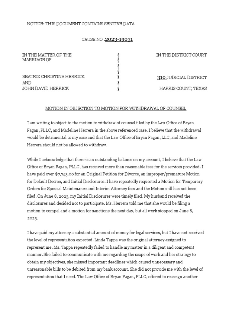 Objection to Counsel Withdrawal Motion | PDF | Justice | Crime & Violence