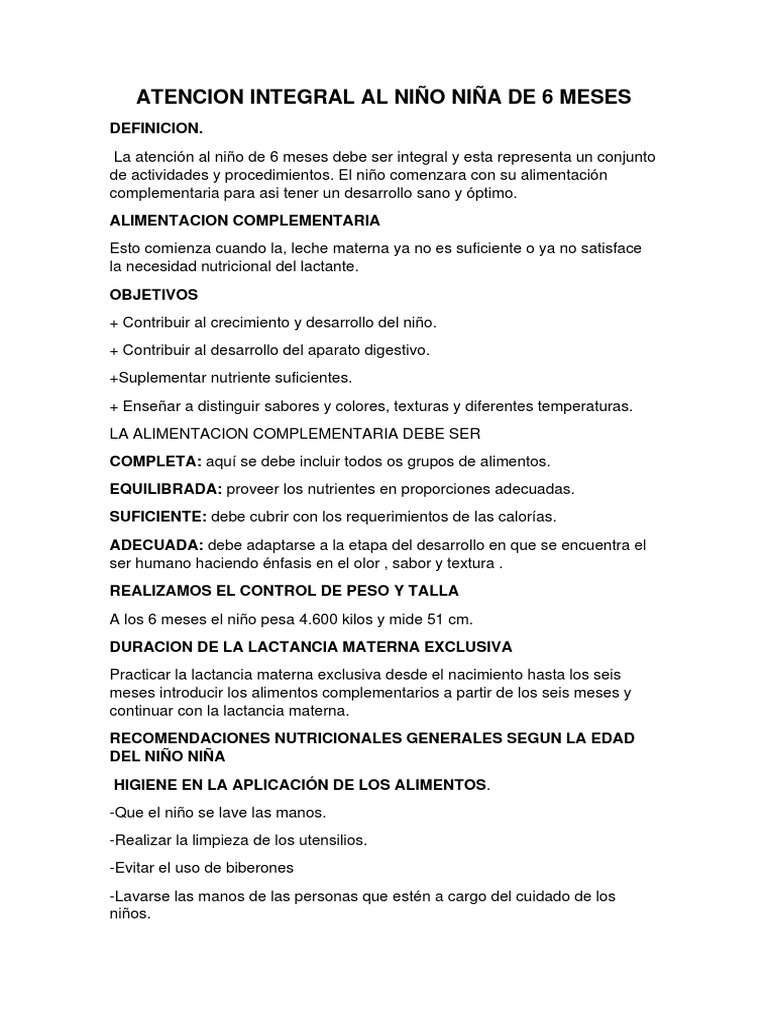 Atencion Integral Al Niño Niña de 6 Meses | PDF | Alimentos ...