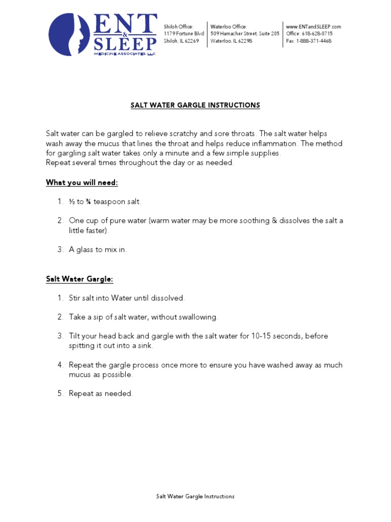 Salt Water Gargle InstructionsENTandSleepMedicine PDF