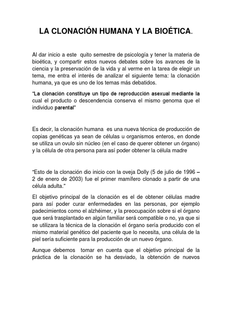 La Clonación Humana y La Bioética PDF Clonación Ciencias de la vida