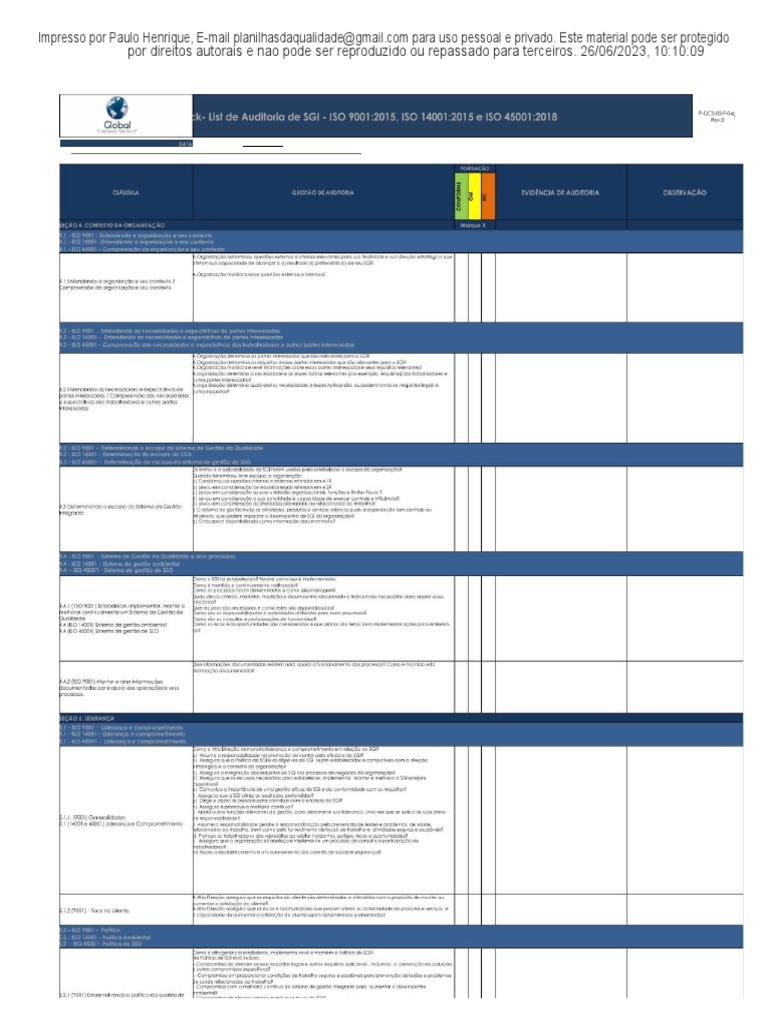 Lista de Auditoria SGI - ISO 9001:2015 | PDF | Privacidade | Direitos