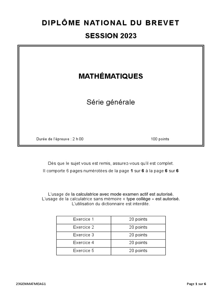 Correction Du Brevet De Math 2023 Brevet 2023 Maths Général | PDF
