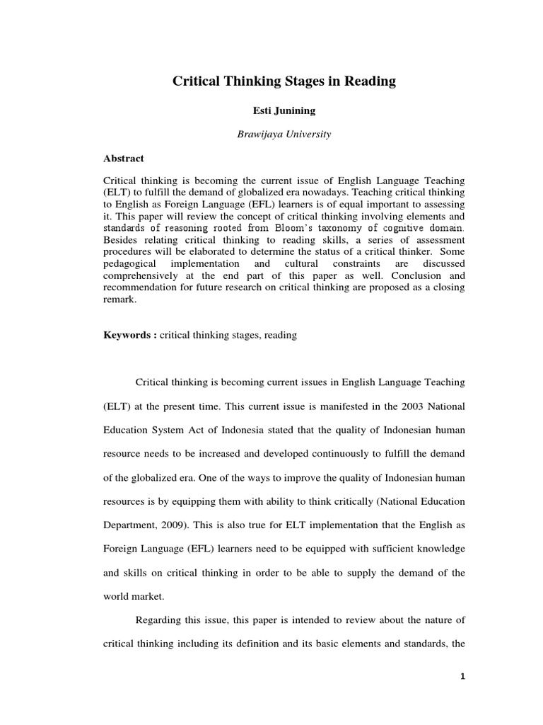 Critical Thinking in EFL Reading Skills | PDF | Critical Thinking | Thought