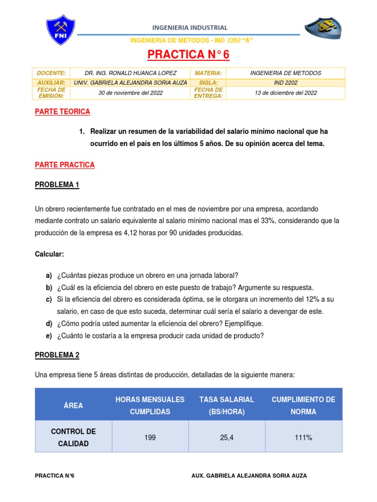 Practica N°6 - Ind 2202 | PDF | Salario | Salario mínimo