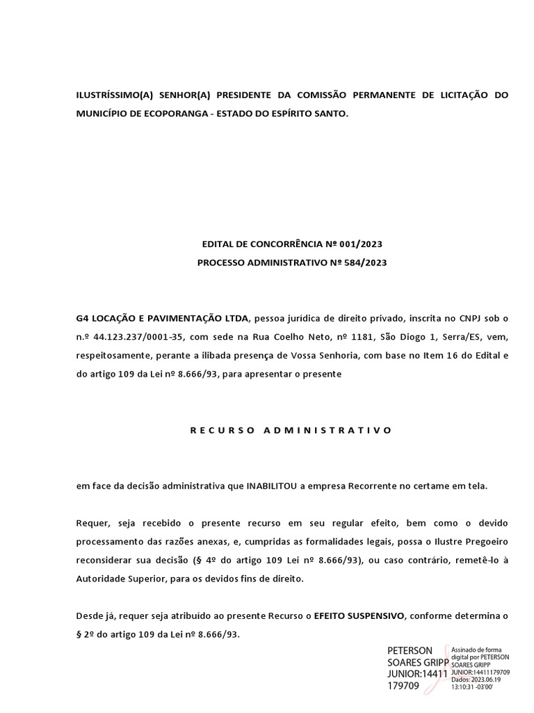 Recurso Administrativo Ecoporanga PDF Justi a Crime E Viol ncia