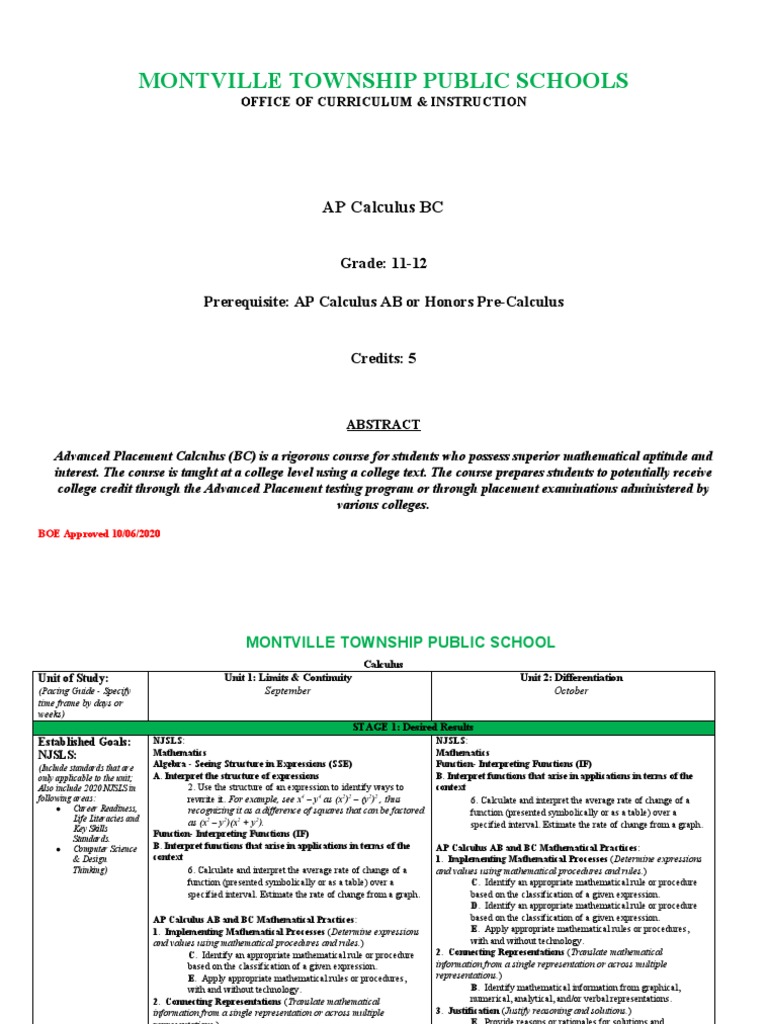 Ap Calculus BC Curriculum 2020 PDF Trigonometric Functions Function (Mathematics)