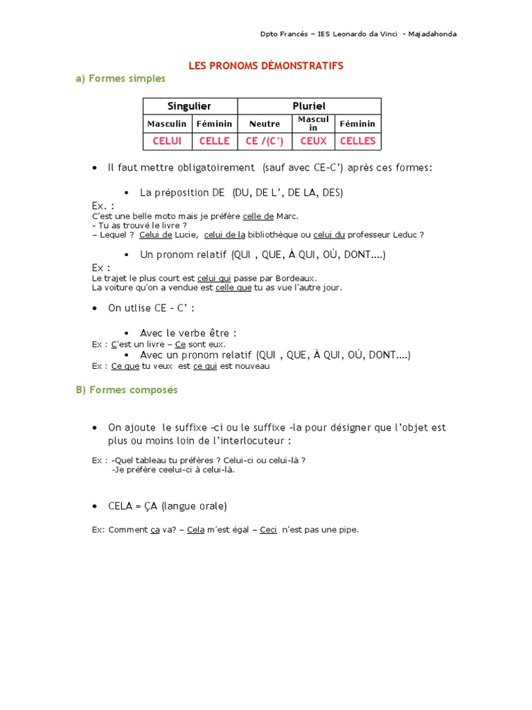 Exercices sur les pronoms démonstratifs | PDF | Pronom | Genre grammatical