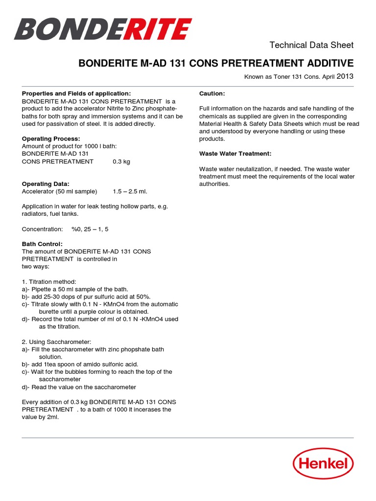 BONDERITE M-AD 131 CONS PRETREATMENT ADDITIVE Known As Toner 131 Cons e ...