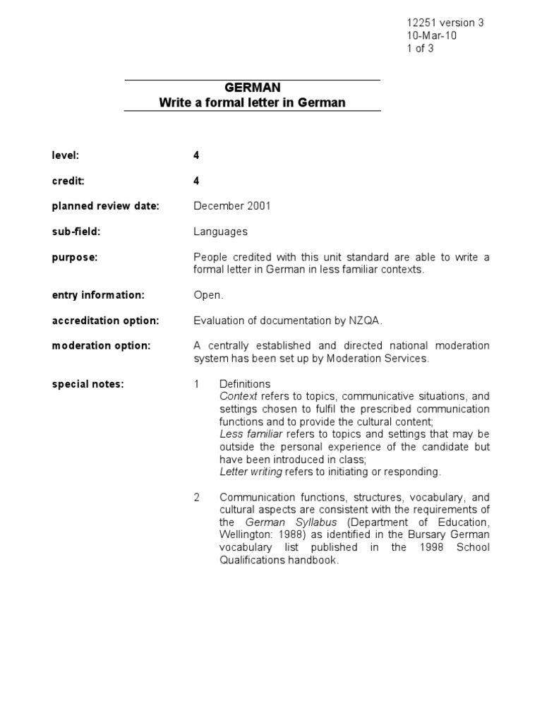German Write A Formal Letter in German: Level: 4 Credit: 4 Planned ...