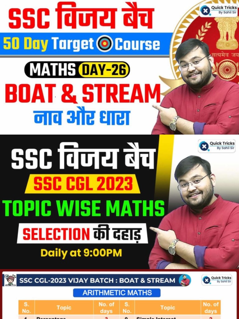Free Classes of SSC CGL 2023 Boat & Stream Maths by Sahil Sir | PDF