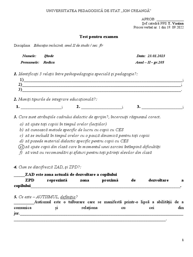 Examen test la ed incluz 2023 pdf