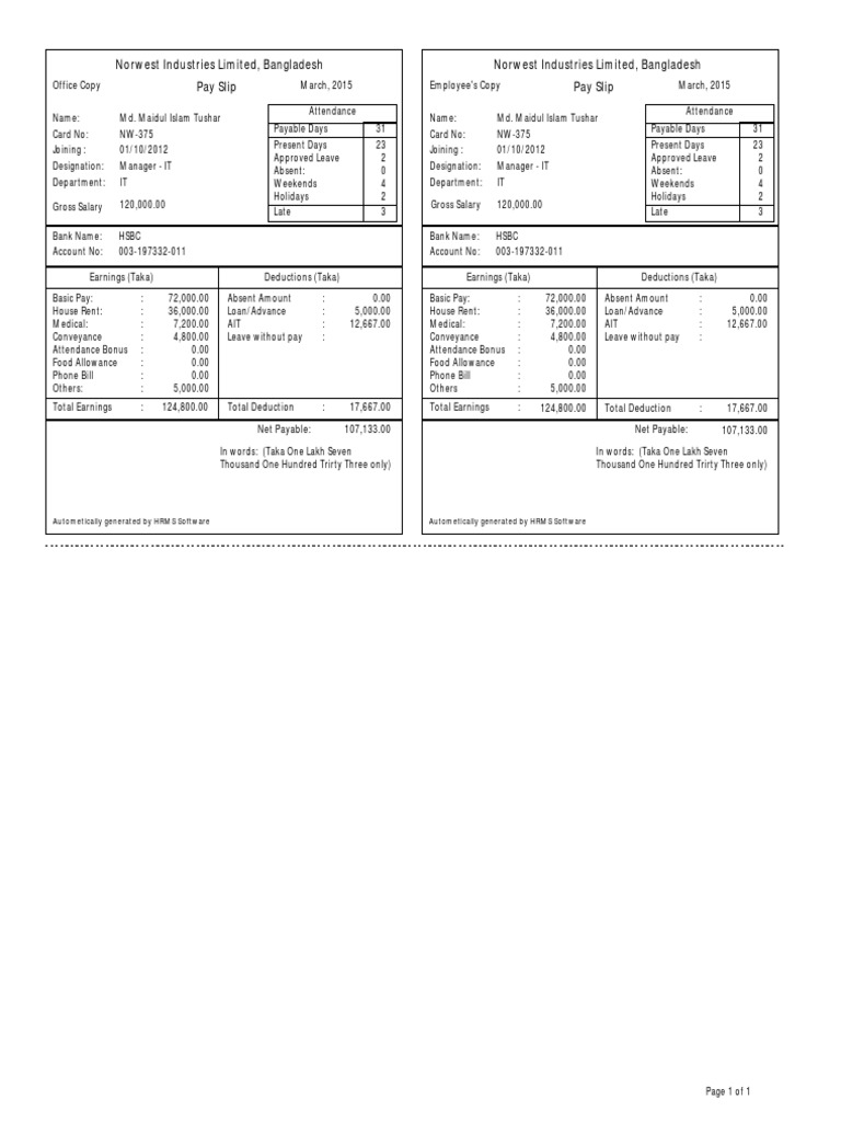Payslip For ID NW375 PDF Paycheck Employee Relations