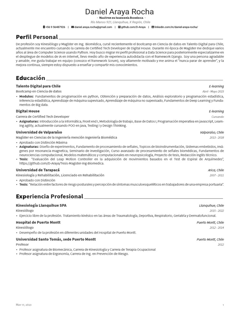 Kinesiólogo y Magíster en Ingeniería Biomédica | PDF | Informática ...