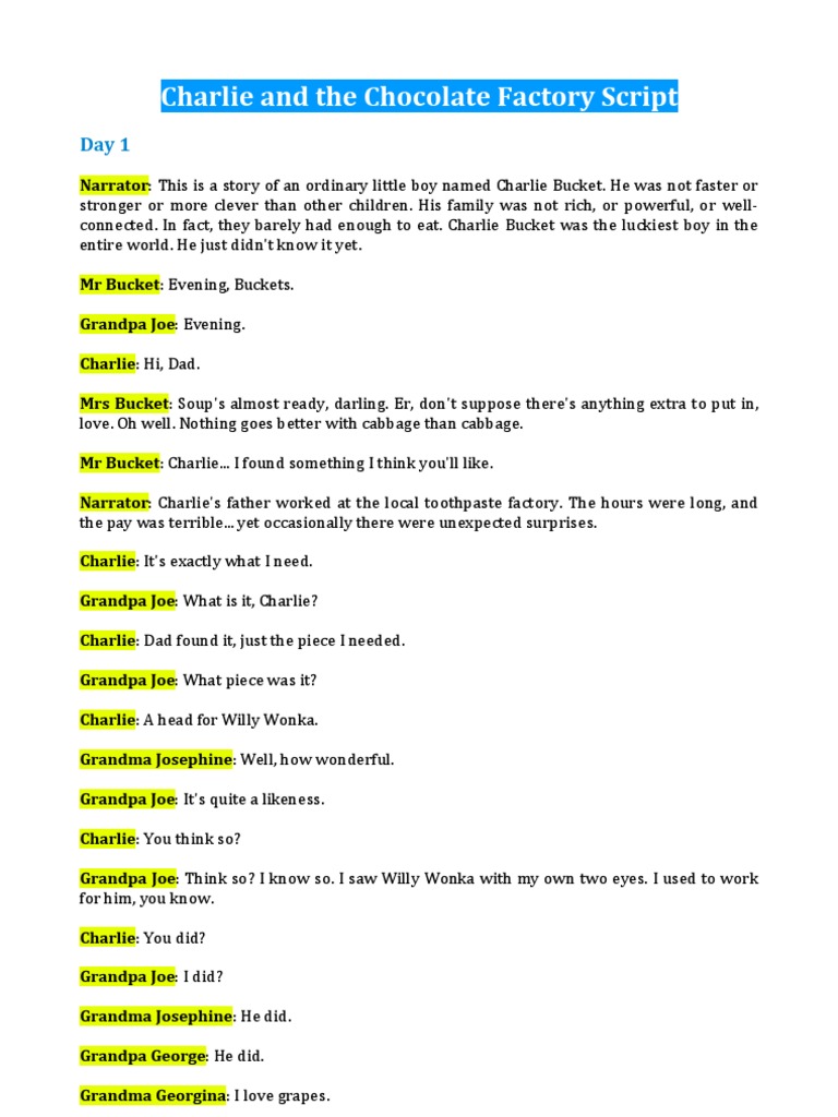 cigarettes and chocolate play script Charlie and the Chocolate Factory Script | PDF