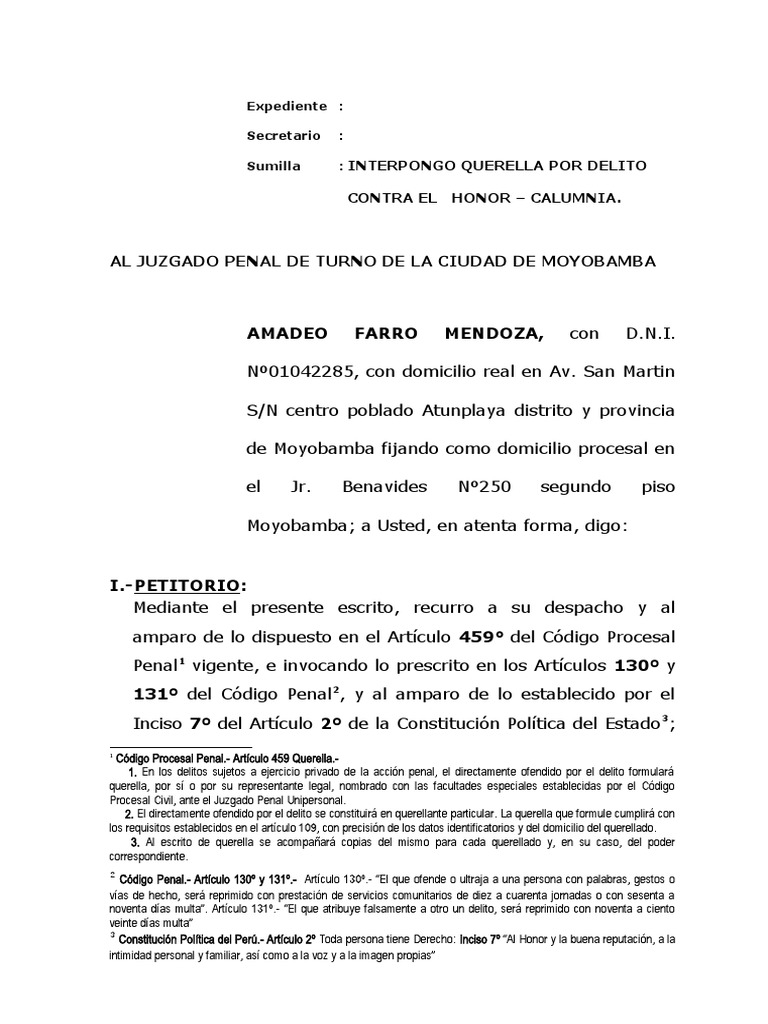 Querella por Calumnia en Moyobamba | PDF | Derecho penal | Intención ...