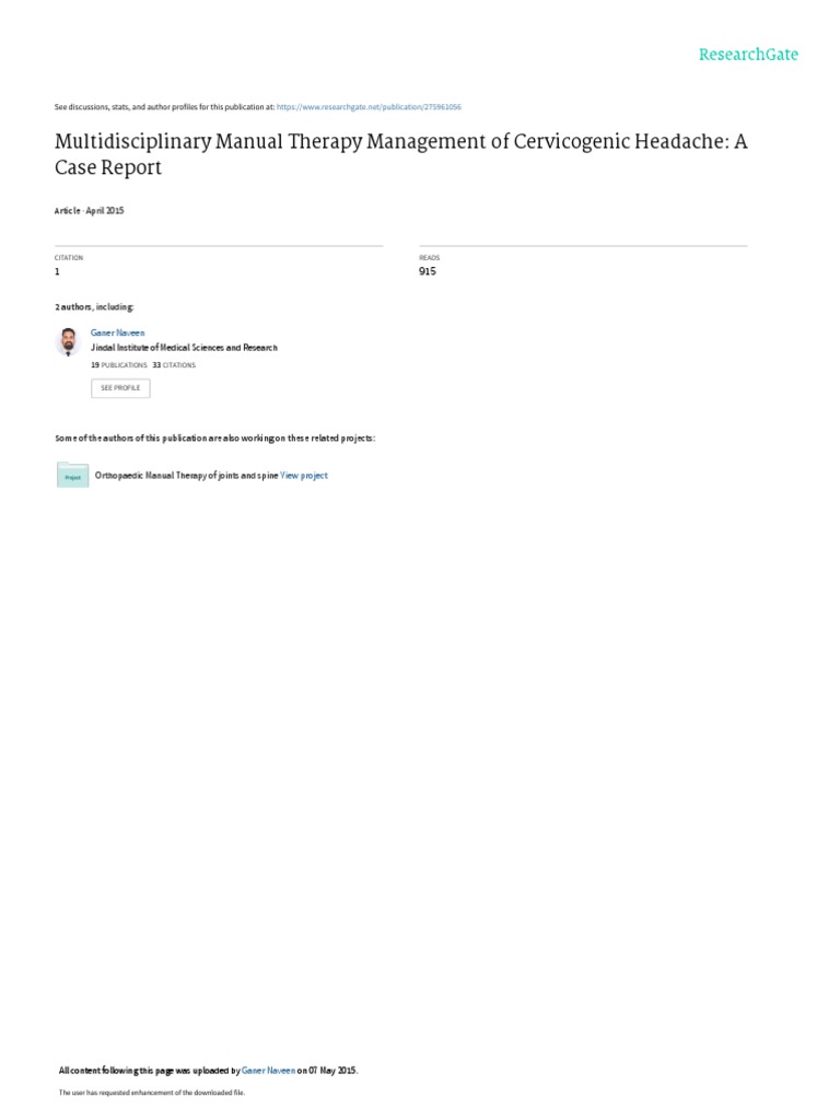 Multidisciplinary Manual Therapy Management of Cervicogenic Headache A