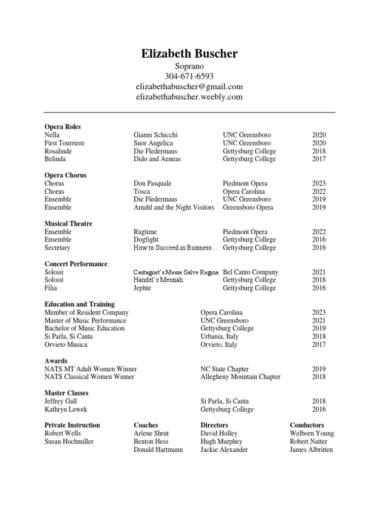 Elizabeth Buscher Performance Resume Download Free PDF Opera
