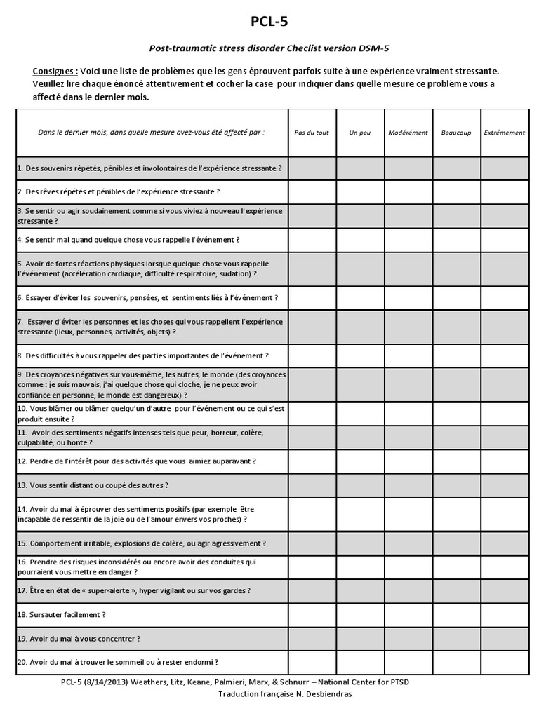 Questionnaire PCL-5 en Français | PDF | Peur | Psychologie