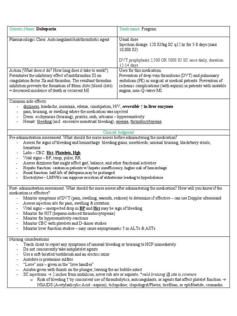 Dalteparin: Dosing and Nursing Considerations | PDF | Thrombosis ...