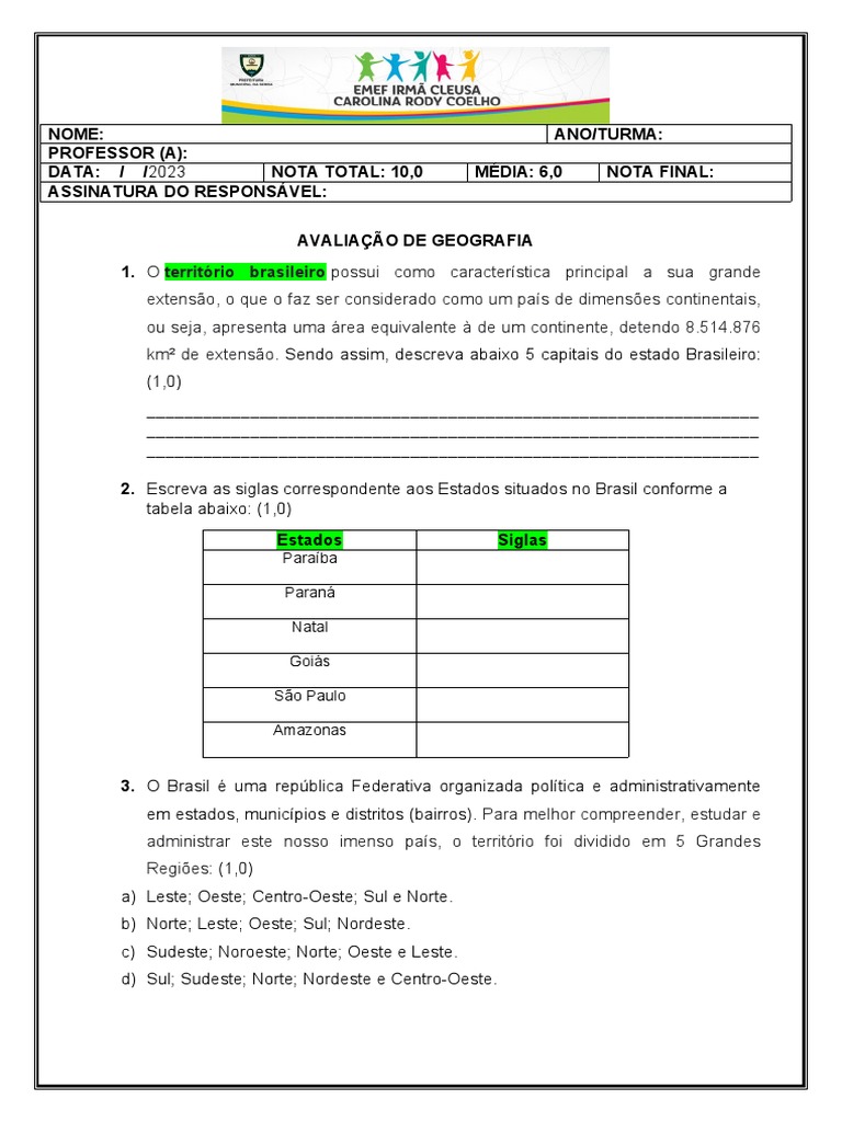 AVALIAÇÃO GEOGRAFIA | PDF | Brasil