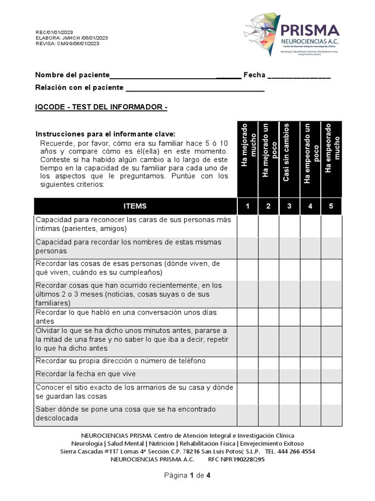 IQCODE Informante | PDF | Neurociencia | Sicología