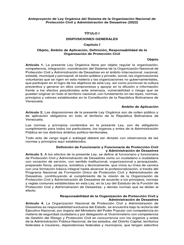 Anteproyecto de Ley Orgánica Del Sistema de La Organización Nacional de ...