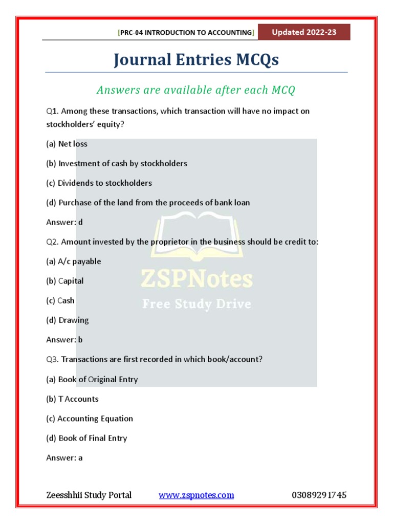 Journal Entries MCQs PRC04 Accounting PDF Debits And Credits Money