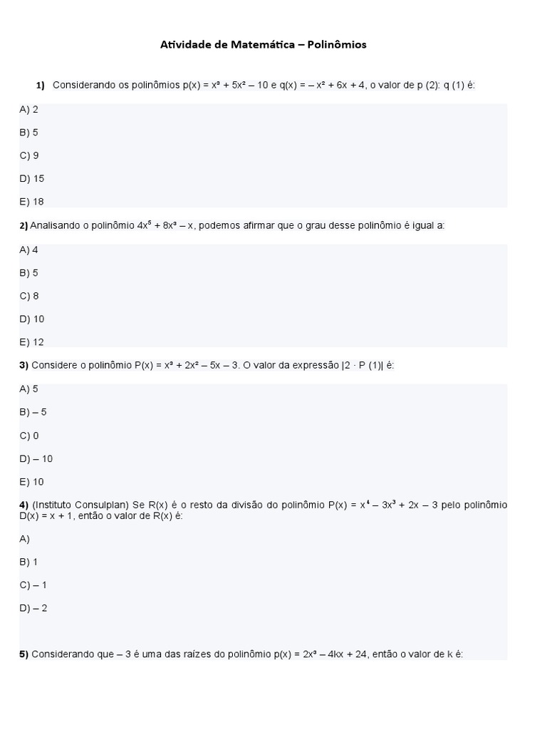 Atividade de Matemática - Polinômios 2 | PDF | Métodos e Materiais de ...