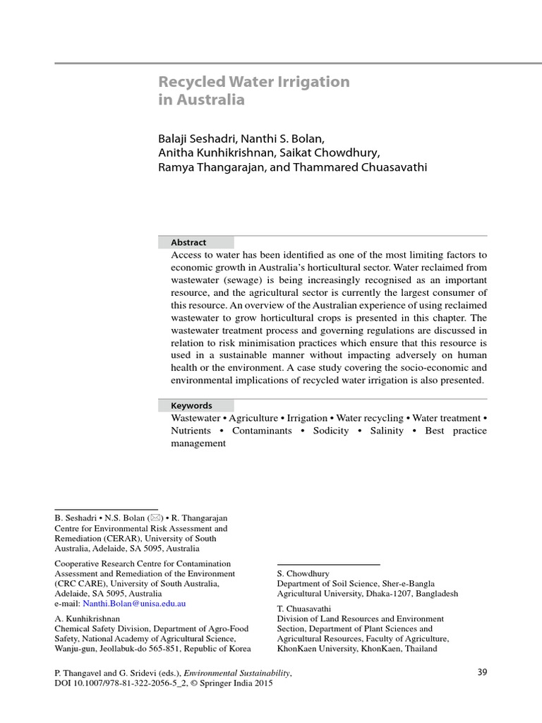 Seshadri Et Al 2015 Recycled Water Irrigation Chapter Pdf Reclaimed