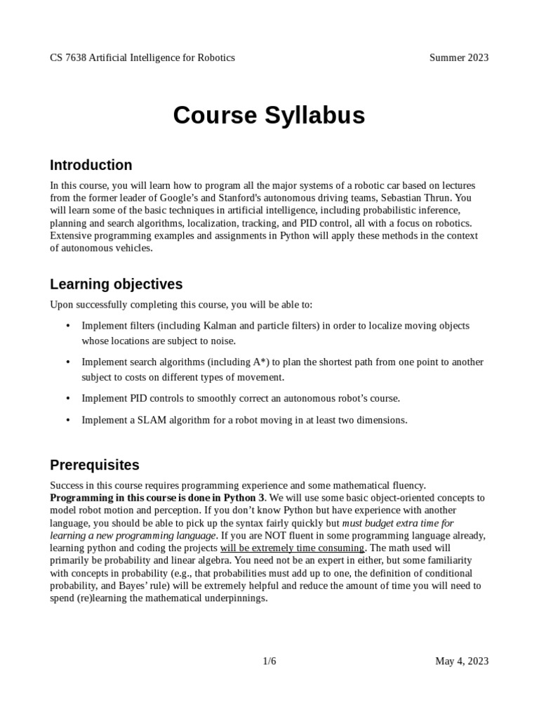 AI Techniques for Robotics Course Syllabus | PDF | Academic Integrity ...