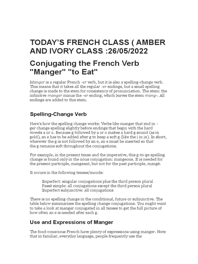 Verb Manger Passe Compose French Conjugating The Verb Manger | PDF | Grammatical Conjugation |  Grammatical Tense