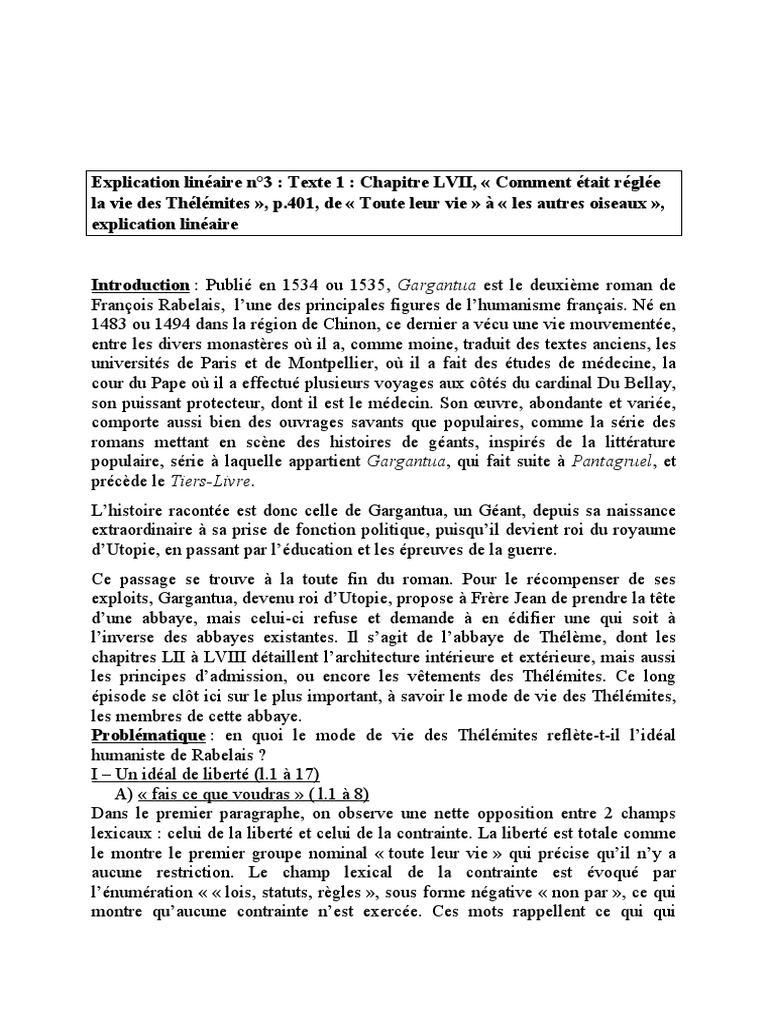 Explication Linéaire N°3 | PDF | Liberté | Thelema