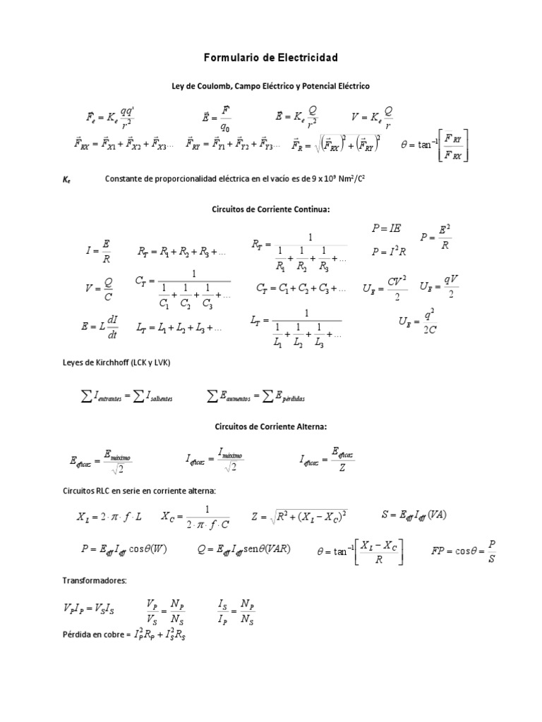 Formulario de Electricidad | PDF | Física | voltaje