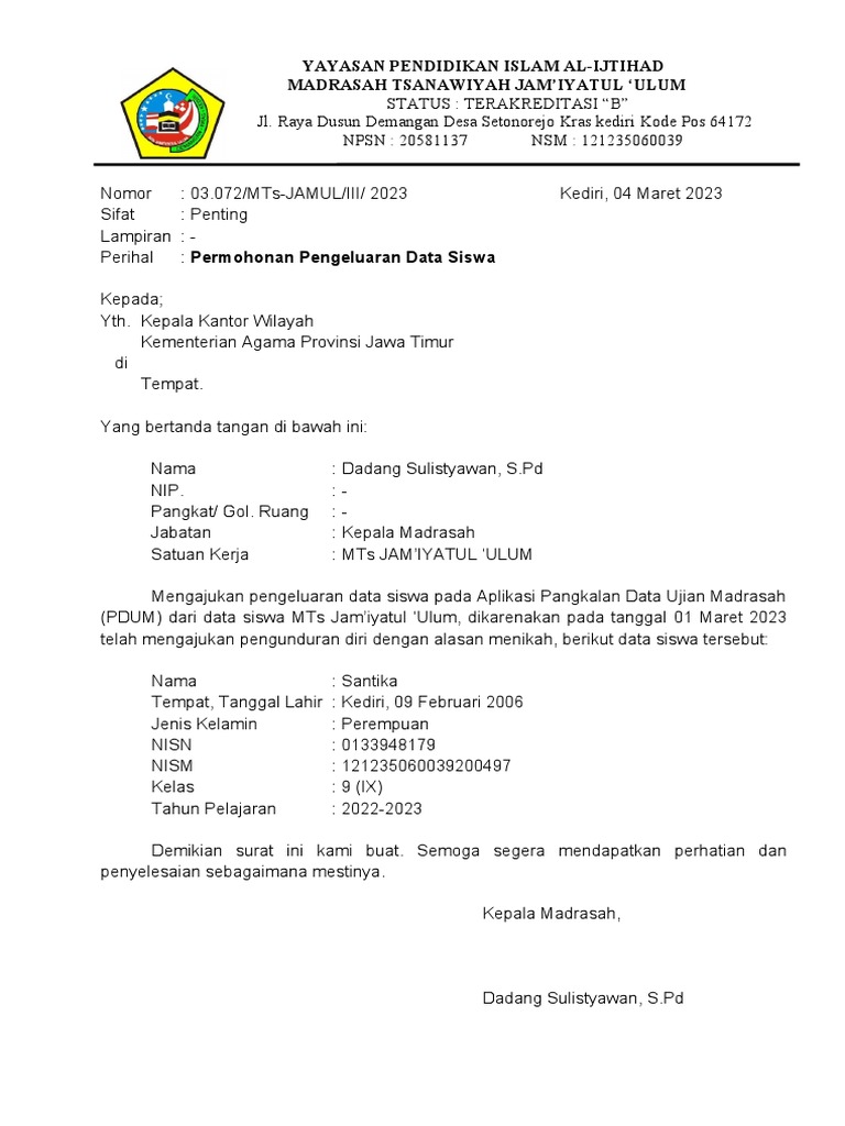 CONTOH SURAT PERMOHONAN KELUAR SISWA MTs | PDF