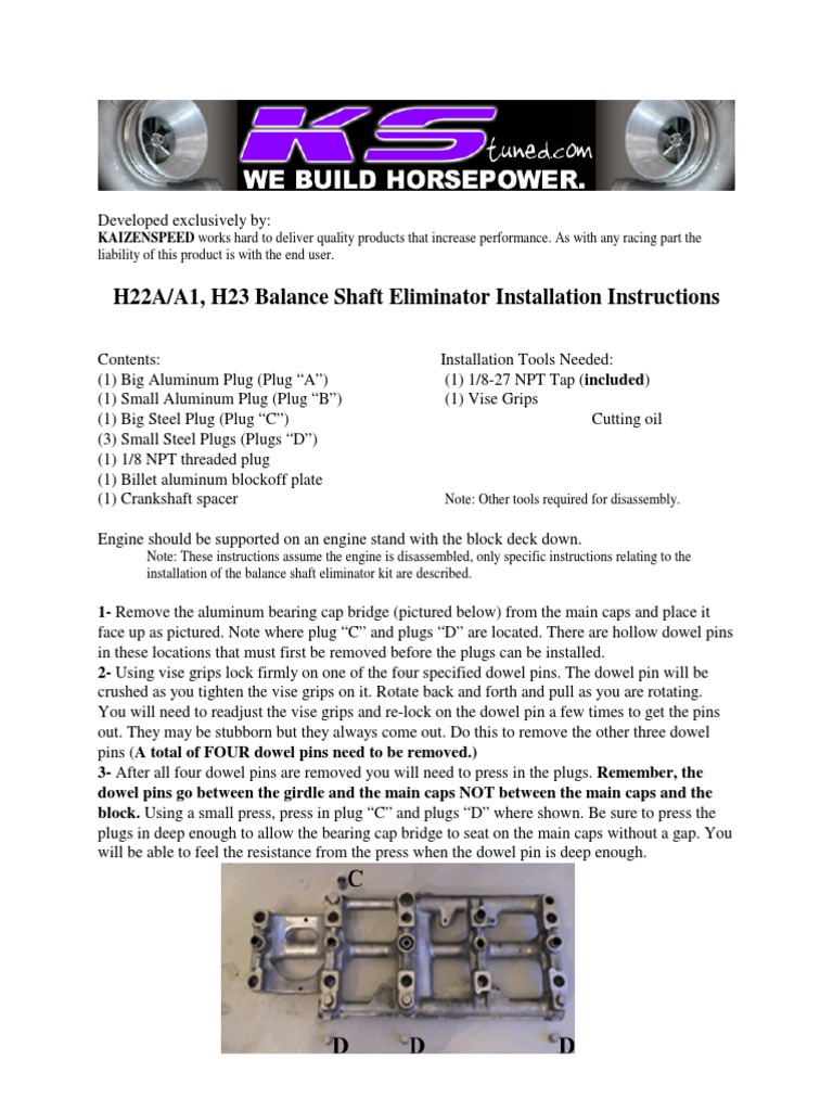 H22A H22A1 H23 Balance Shaft Eliminator Installation Instructions PDF