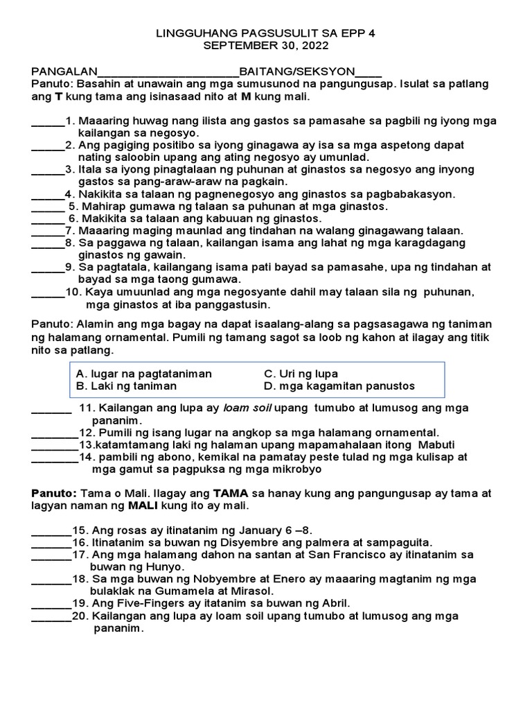 Lingguhang Pagsusulit Sa Epp 1 30 | PDF