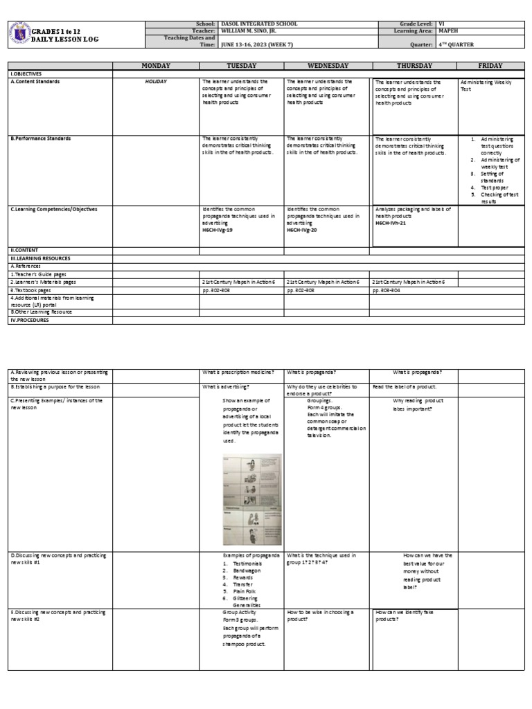MAPEH Lesson Plan for Grade VI | PDF | Critical Thinking | Learning