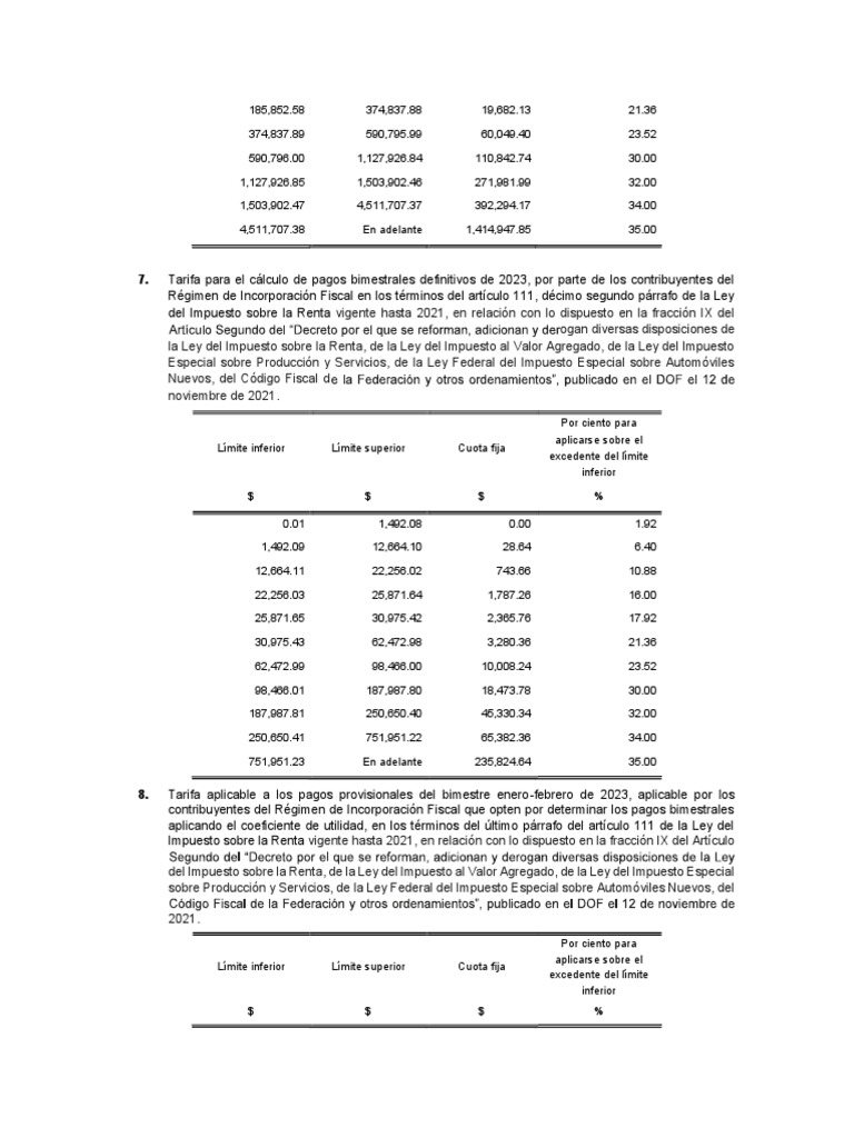 Tarifas Bimestrales RIF 2023 | PDF | Impuesto sobre la renta | Sector ...
