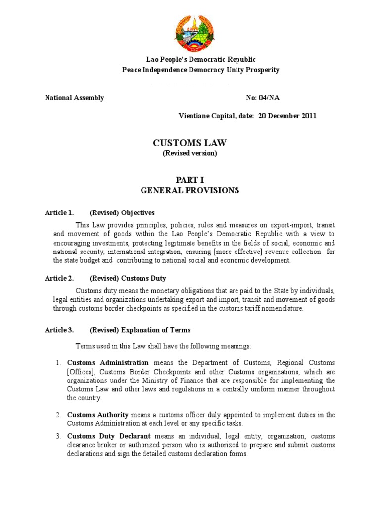 Laos Revised Customs Law Overview | PDF | Customs | Tariff