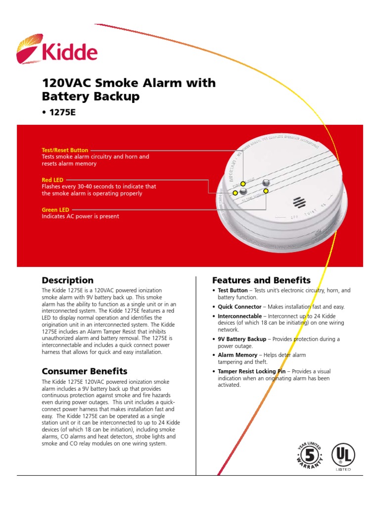 Kidde 1275E Smoke Detector Data Sheet Light Emitting Diode Equipment