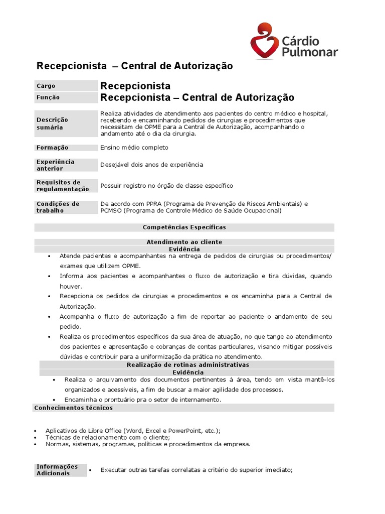 Descritivo de Cargo RECEPCIONISTA | PDF