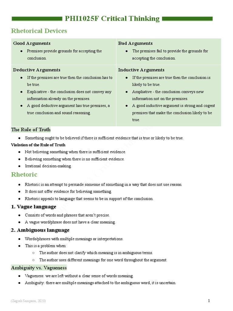 Phi1025f Critical Thinking Notes Pdf Argument Deductive Reasoning