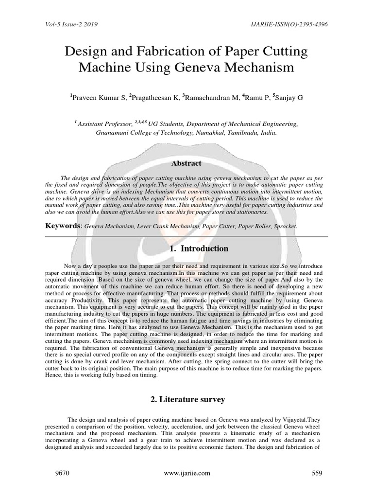 Design and Fabrication of Paper Cutting Machine Using Geneva Mechanism