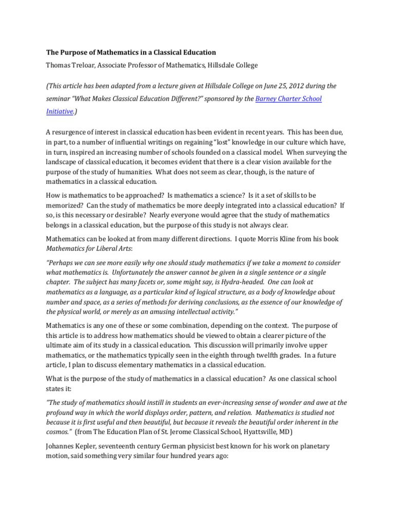 Treloar - The Purpose of Mathematics in A Classical Education | PDF ...