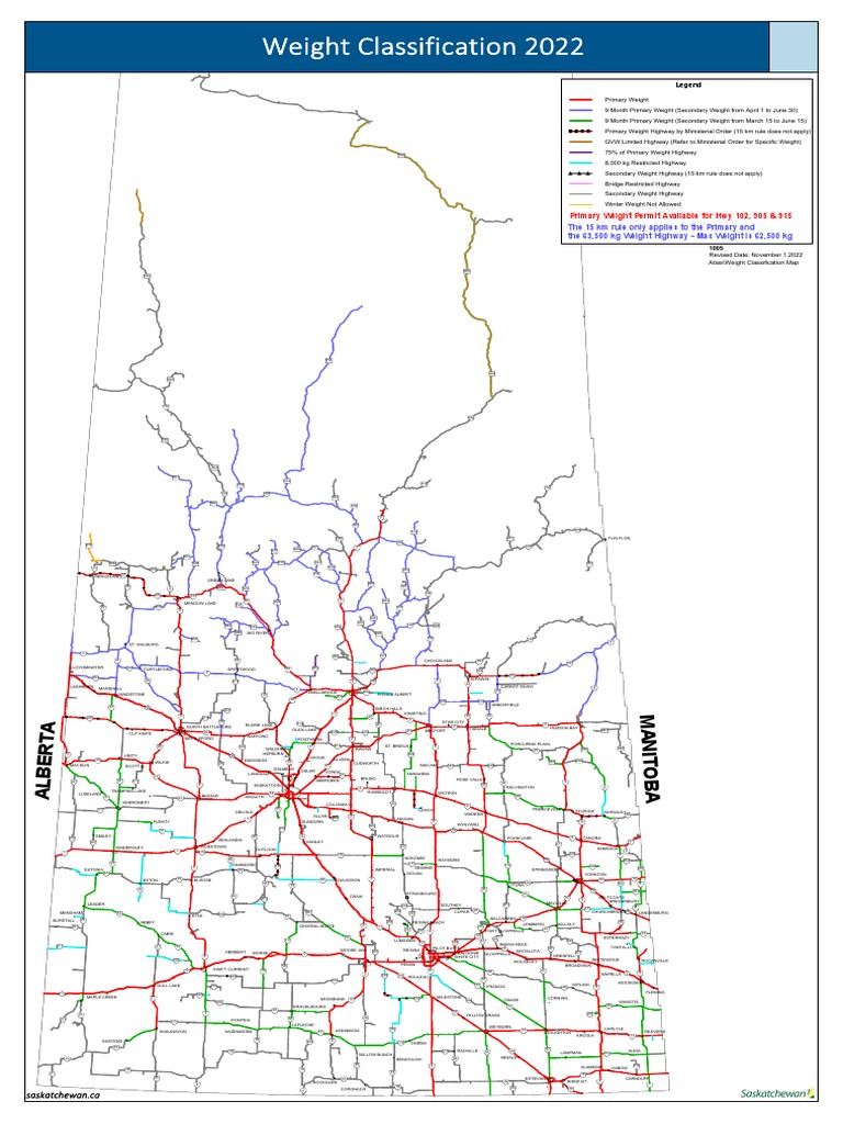 Saskatchewan Highway Weight Class Map 2022 PDF Mass Vehicle
