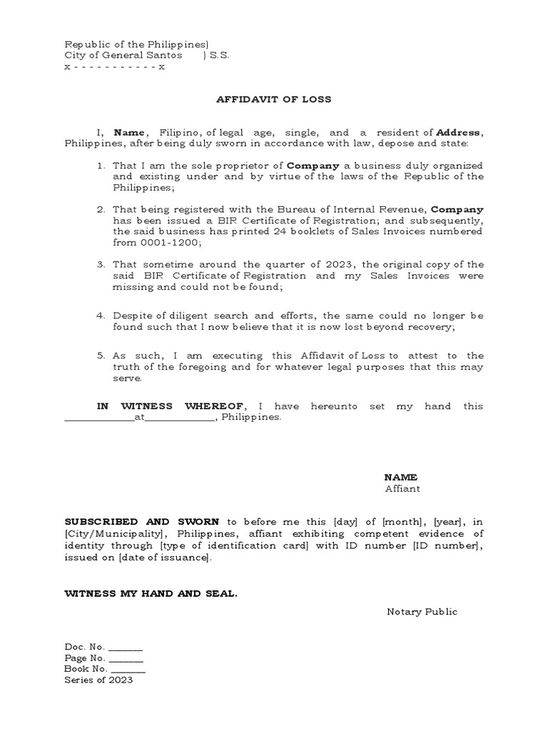 Affidavit of Loss Sales Invoices PDF