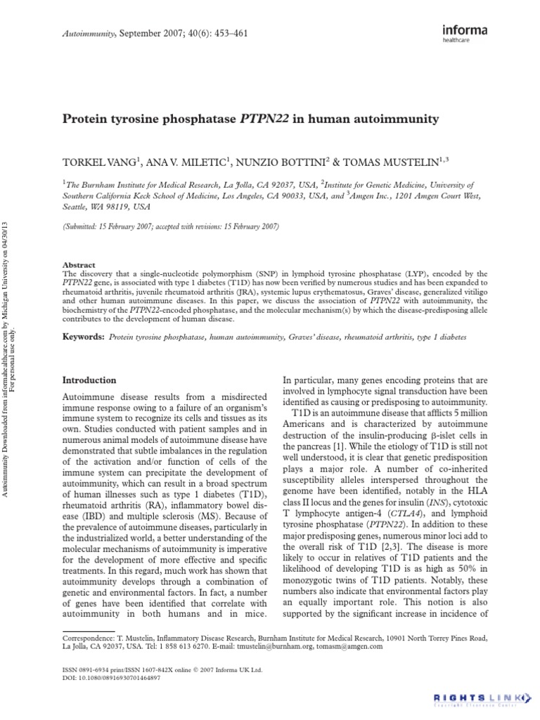 Protein Tyrosine Phosphatase PTPN22 in Human Autoimmunity PDF