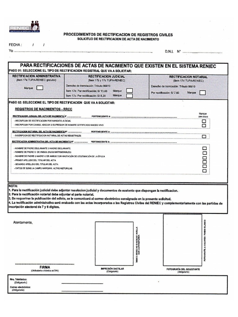 Formato Rectificacion de Acta de Nacimiento - Reniec | PDF
