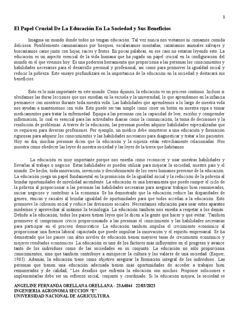 ENSAYO El Papel Crucial de La Educación en La Sociedad | PDF | Sociedad ...