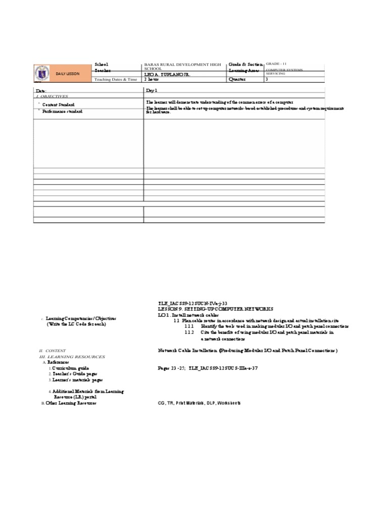Computer Systems Servicing Daily Lesson Log | PDF | Peer To Peer ...